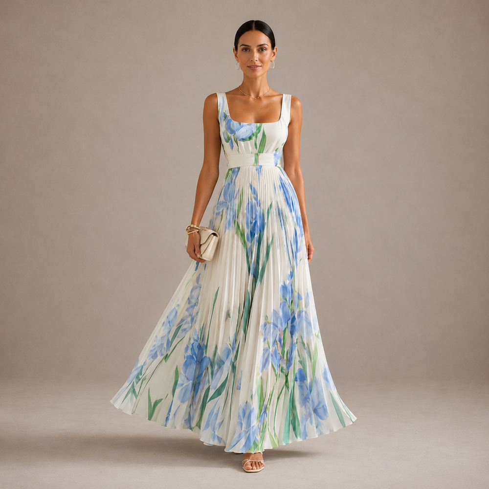 Liora pleated floral maxi dress in cream with blue irises
