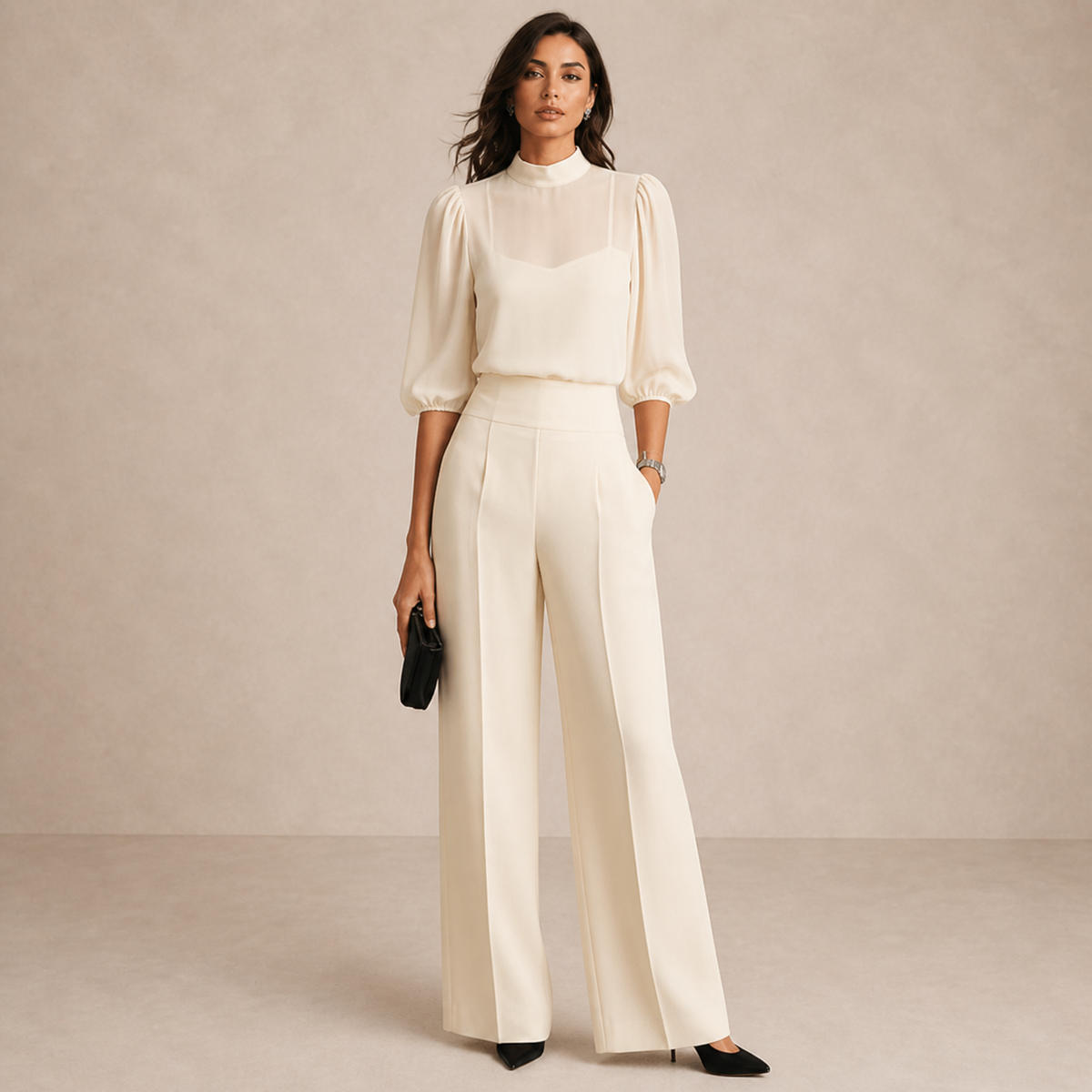 Lenora three-piece set in cream, full-length front view
