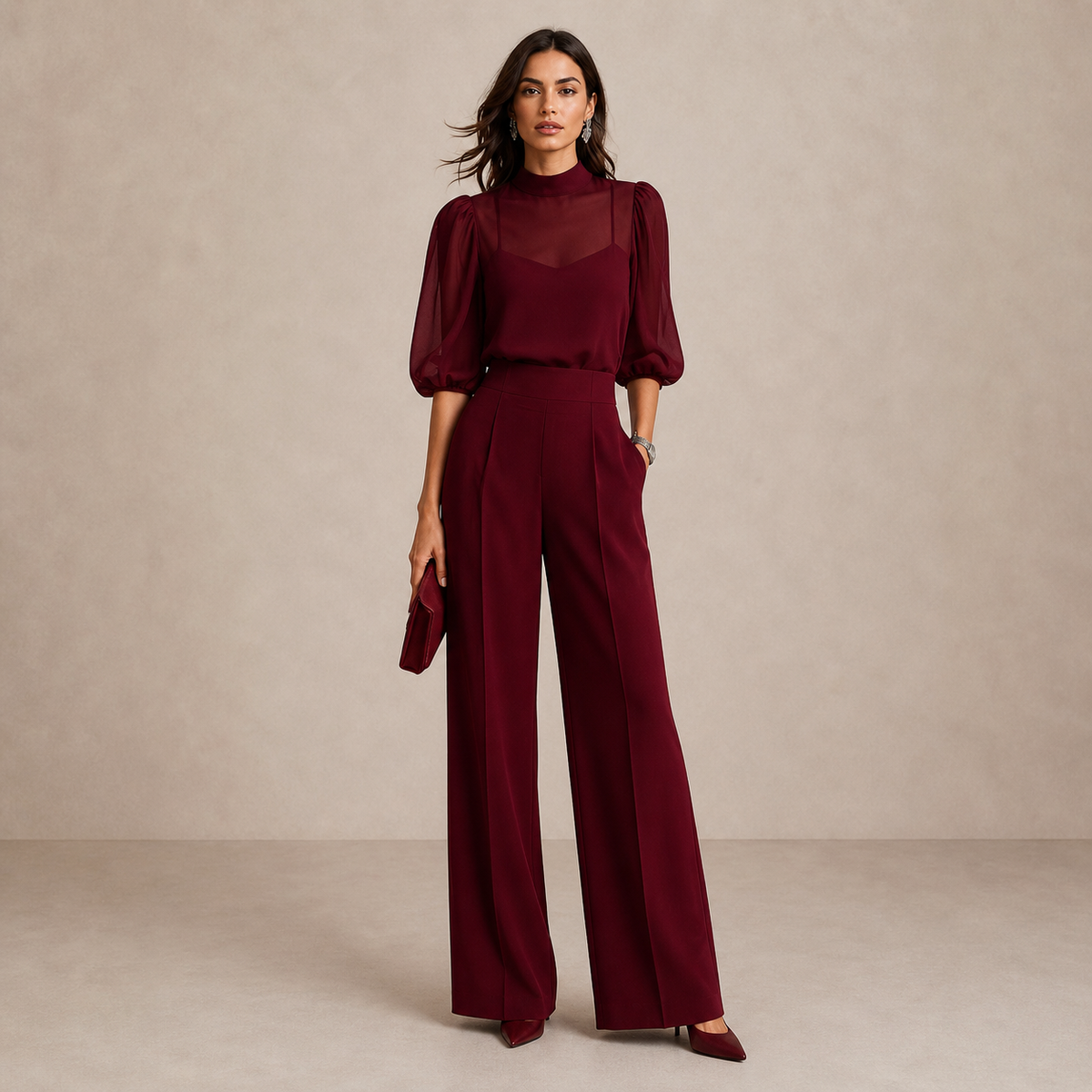 Lenora three-piece set in burgundy, full-length front view