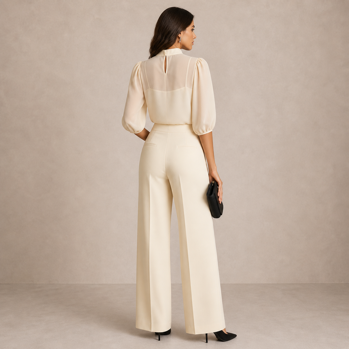 Lenora three-piece set in cream, full-length back view
