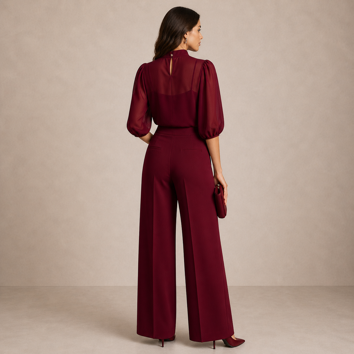 Lenora three-piece set in burgundy, full-length back view