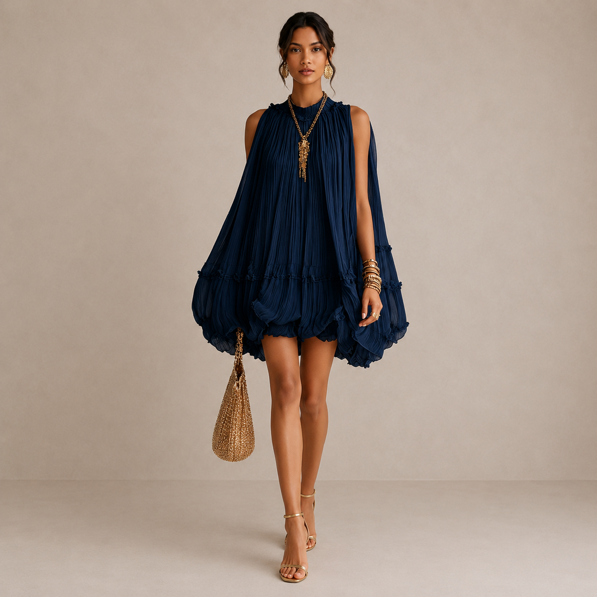 LIORA™ | Midnight Blue Ruffle Midi Dress