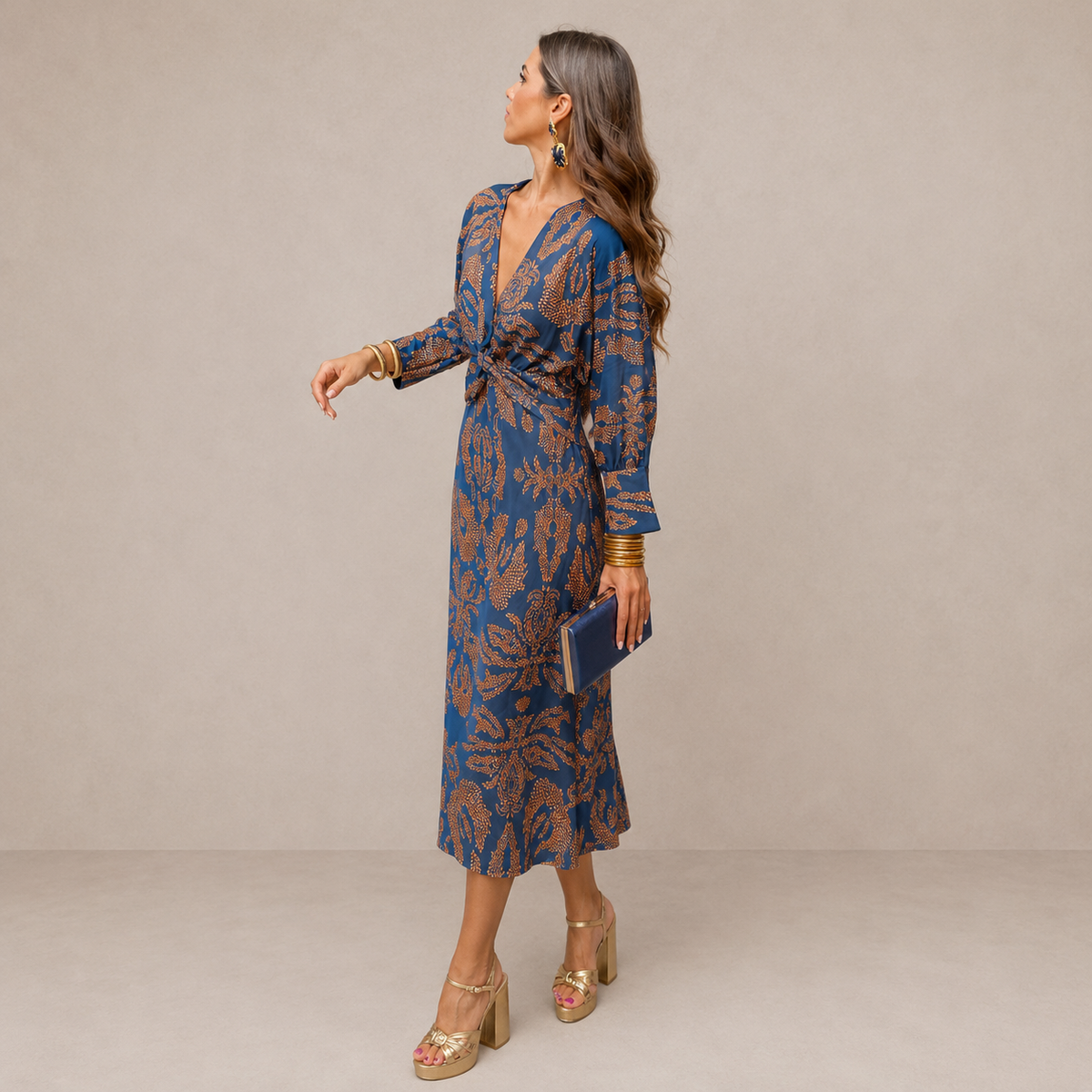 LIORA™ | V-Neck Tie-Waist Midi Dress