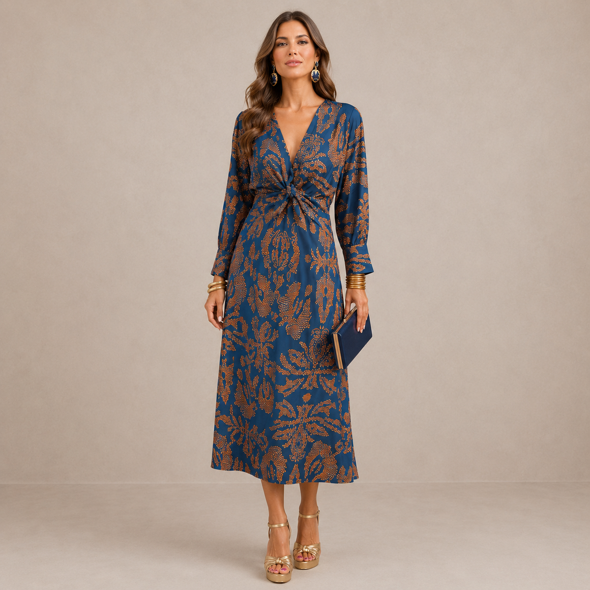 LIORA™ | V-Neck Tie-Waist Midi Dress