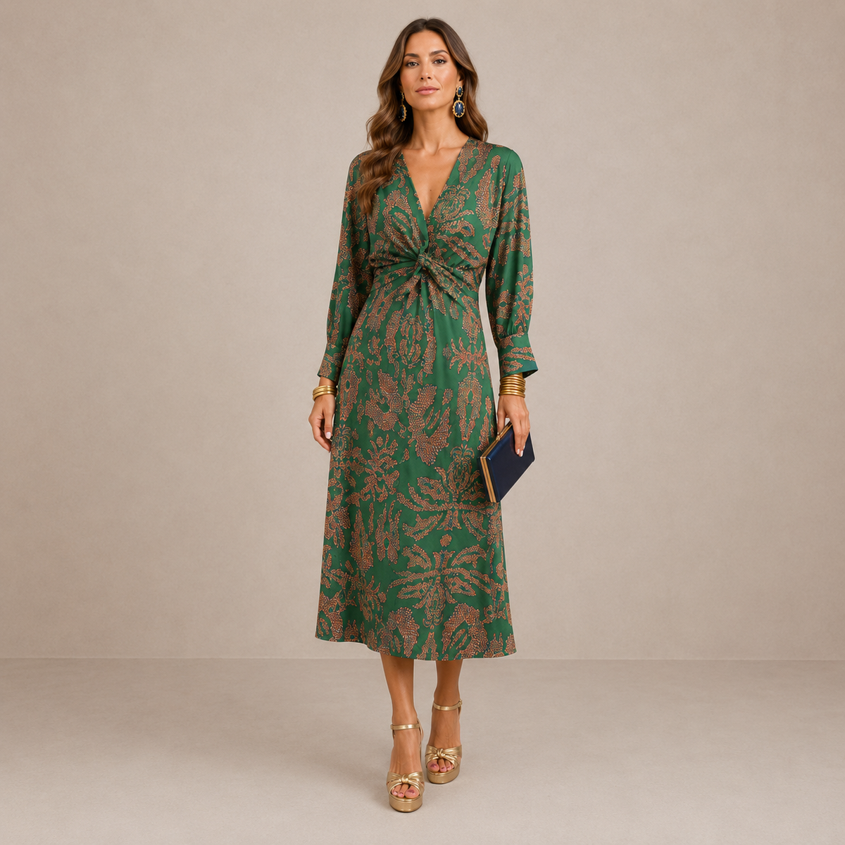 LIORA™ | V-Neck Tie-Waist Midi Dress