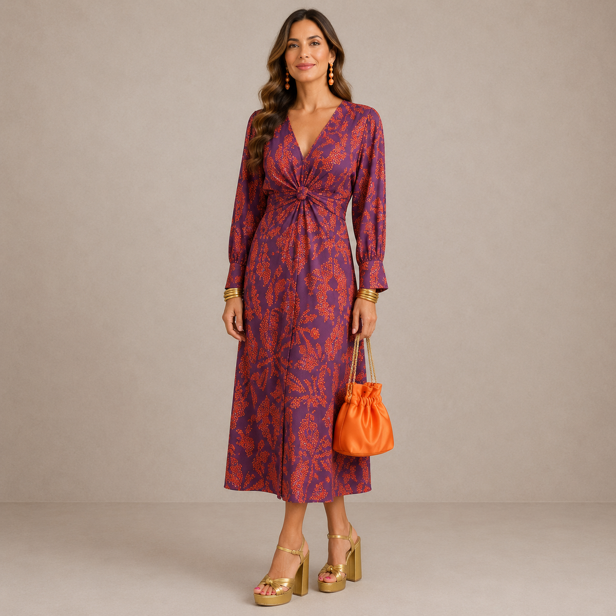 LIORA™ | V-Neck Tie-Waist Midi Dress