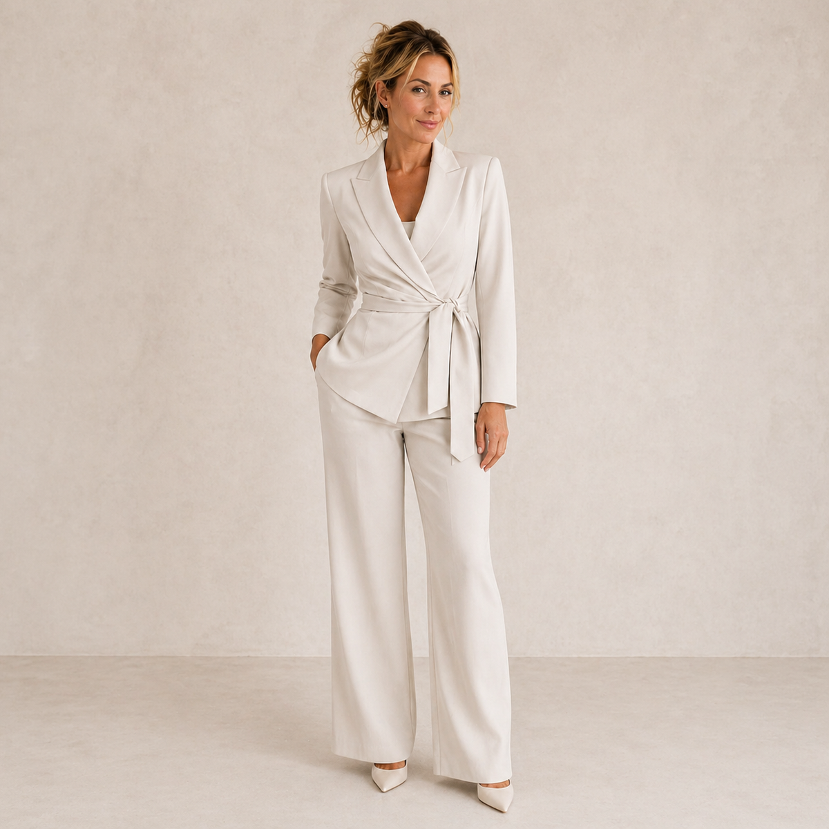 Winifred belted wrap trouser suit in beige, full-length front view