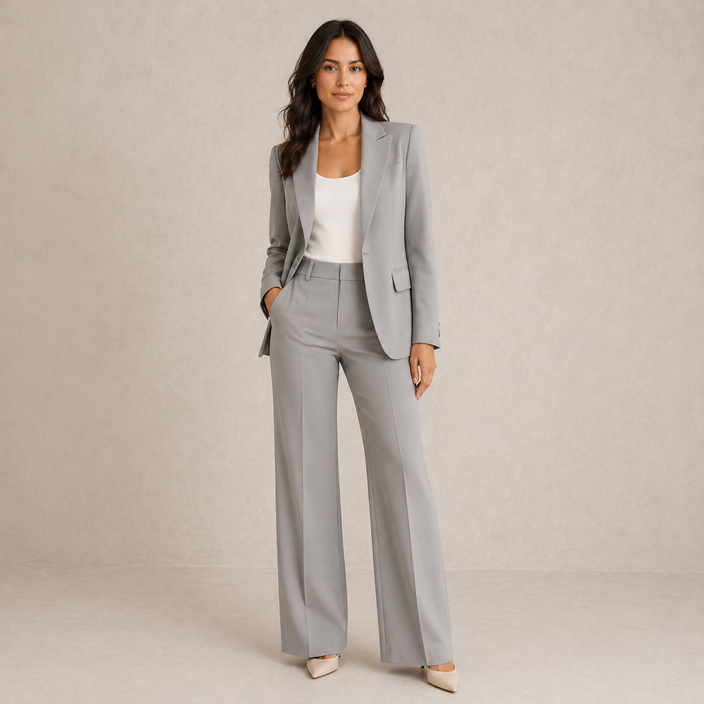 Araminta classic wide-leg trouser suit in grey, full-length front view