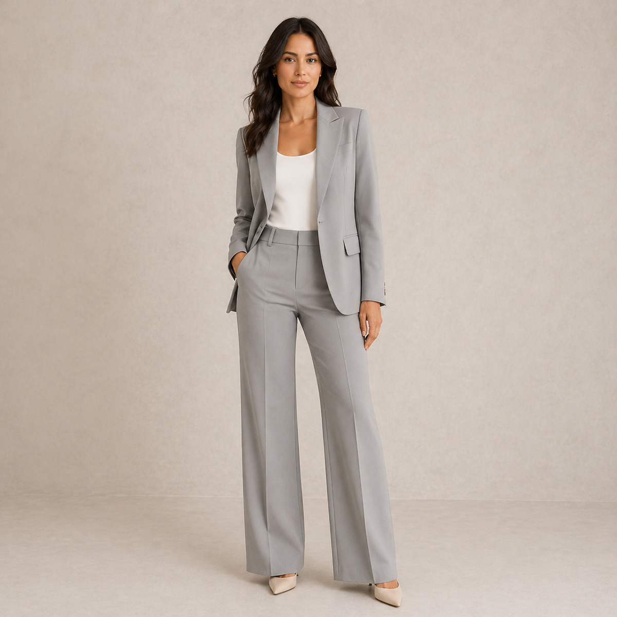 Araminta classic wide-leg trouser suit in grey, full-length front view
