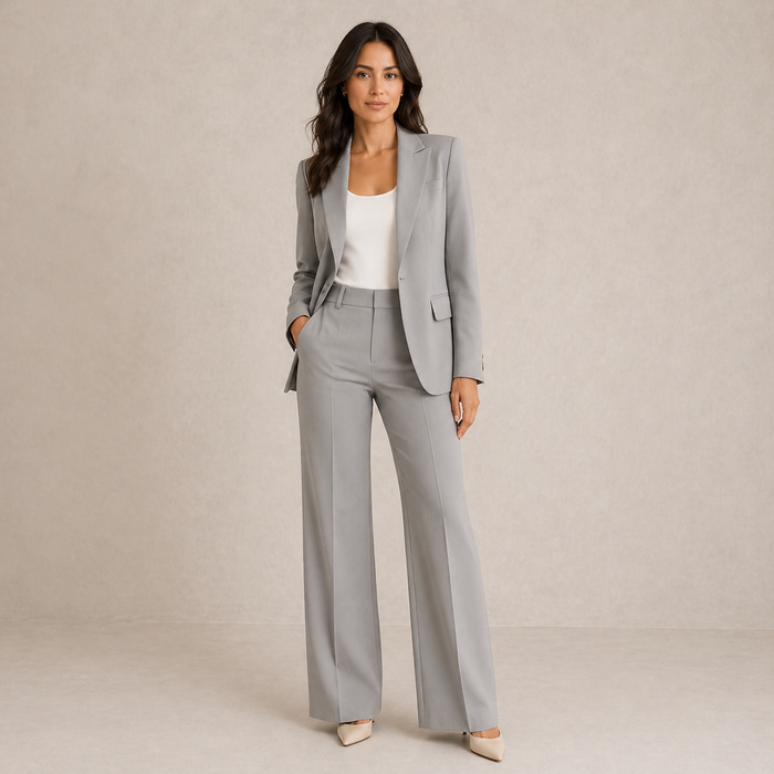 Araminta classic wide-leg trouser suit in grey, full-length front view