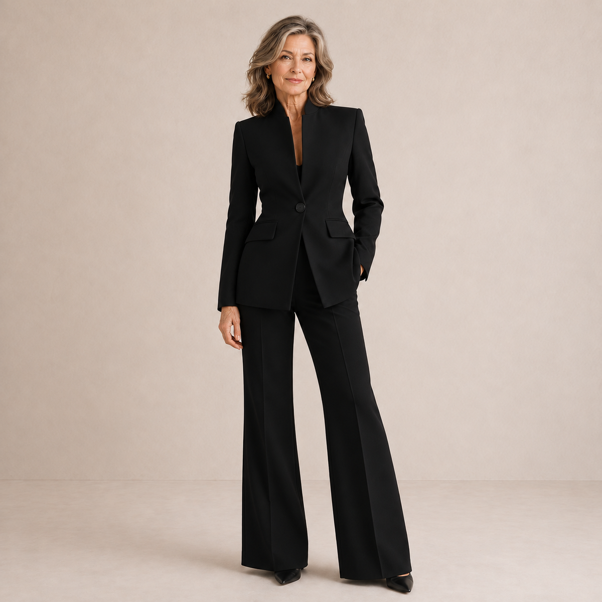 Gwendoline tailored wide-leg trouser suit in black, full-length front view