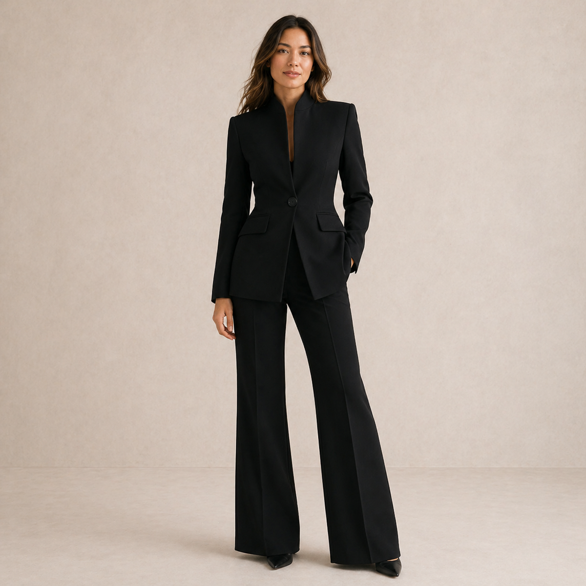 Gwendoline tailored wide-leg trouser suit in black, full-length front view
