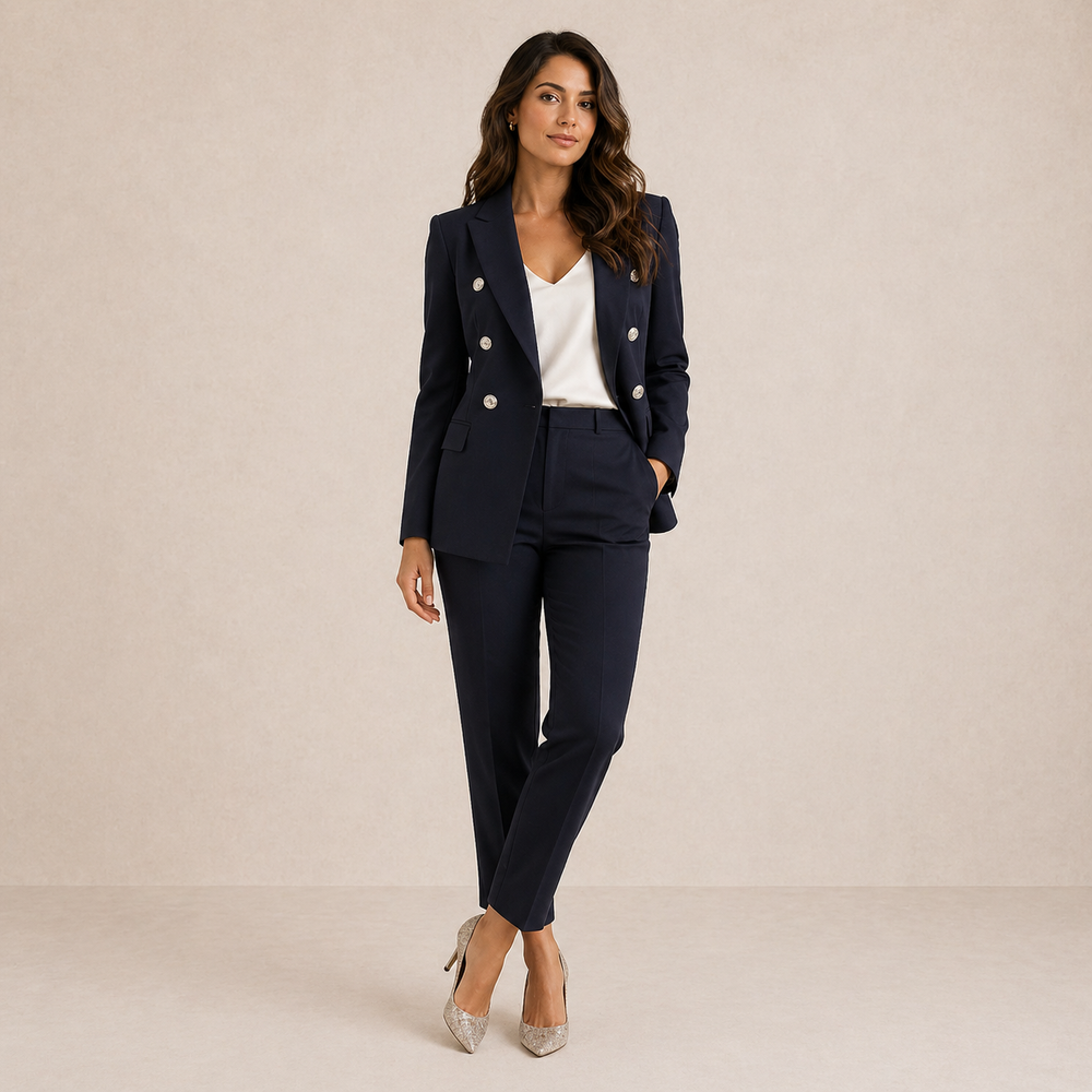 Octavia double-breasted trouser suit in navy, full-length front view