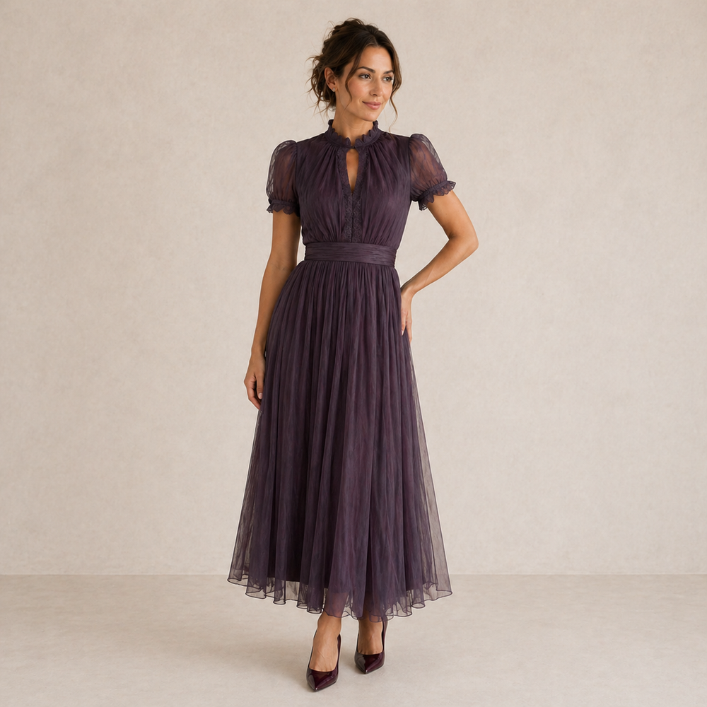 Liora pleated puff-sleeve midi dress in plum, front view