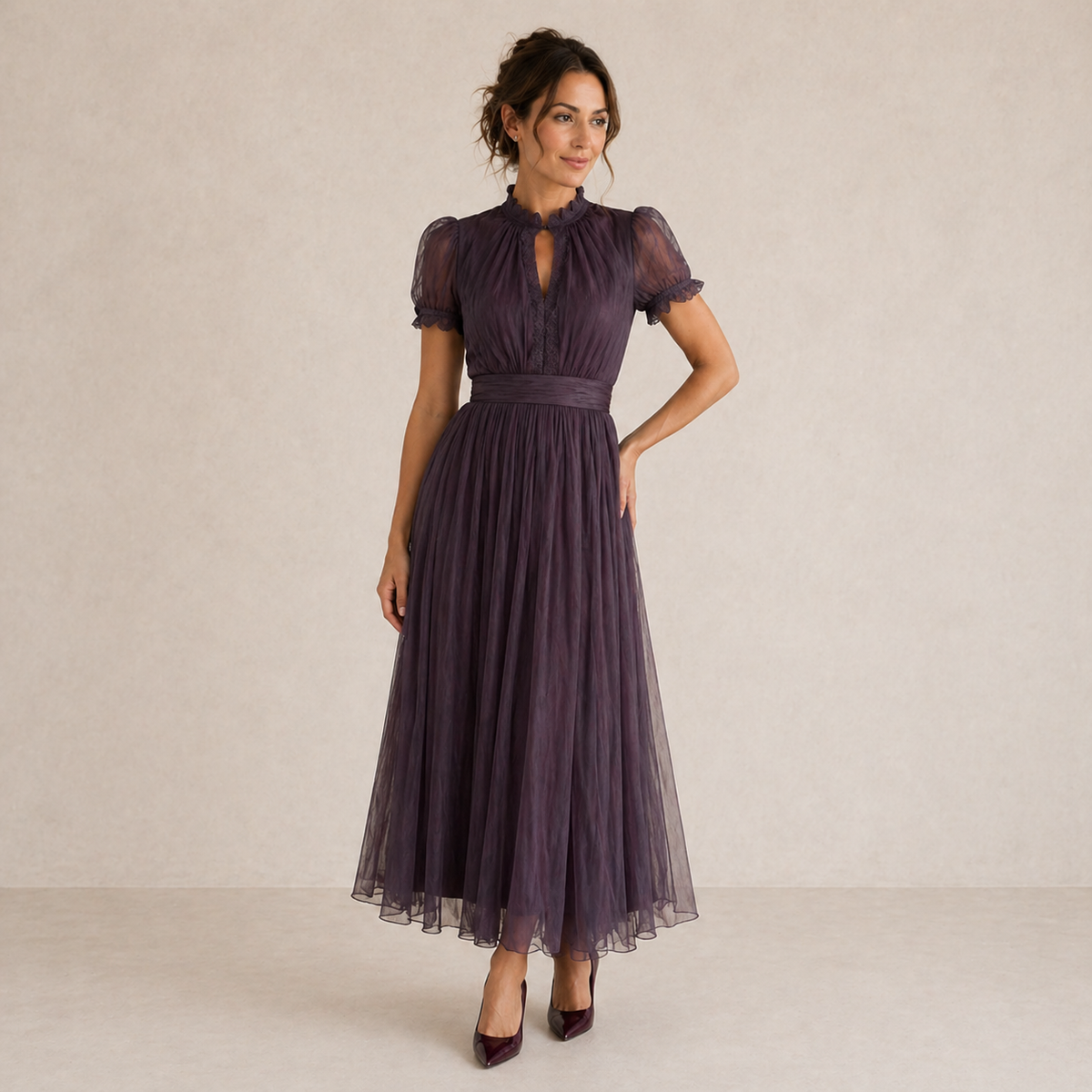 LIORA™ | Pleated Puff-Sleeve Midi Dress