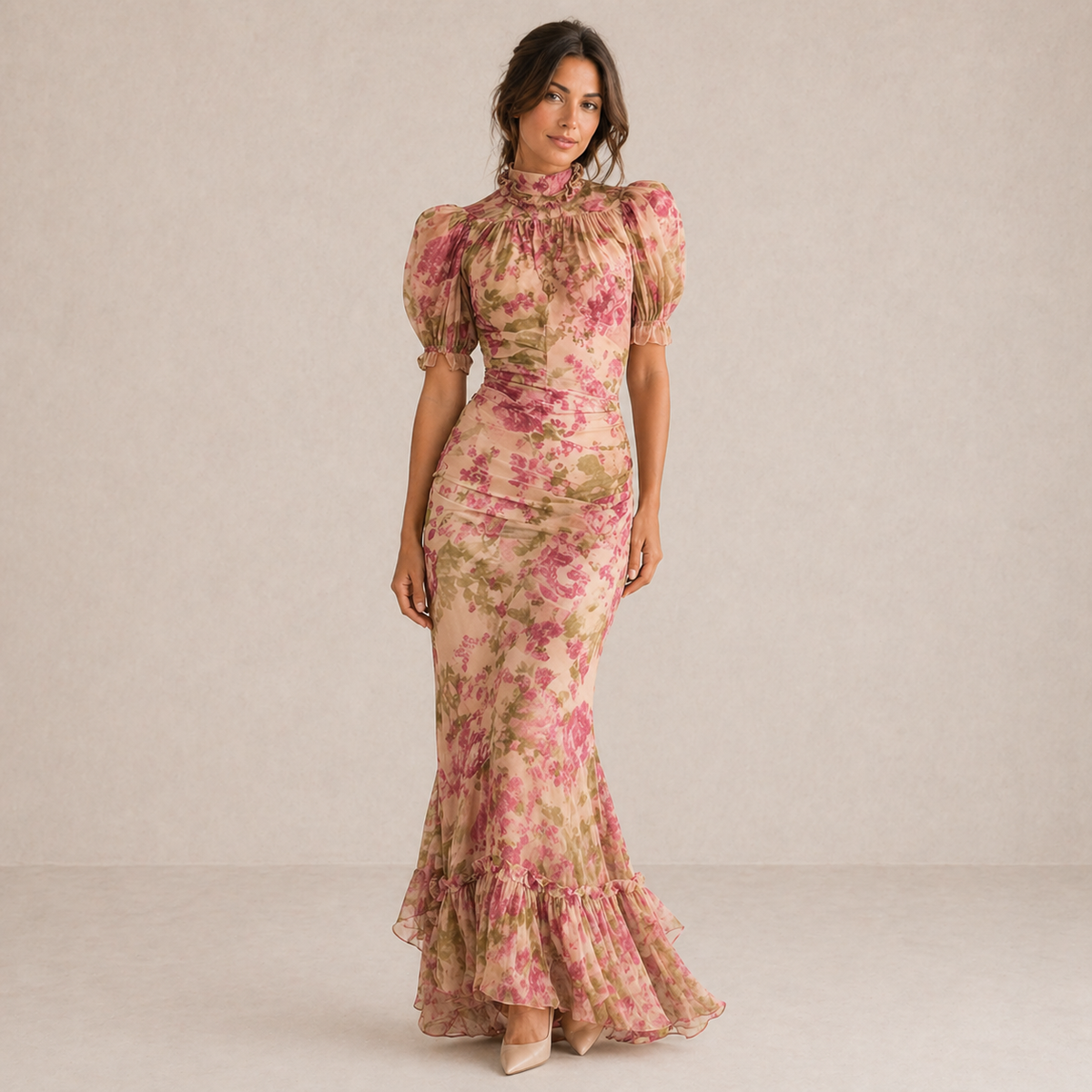 LIORA™ | Floral Puff-Sleeve Maxi Dress.