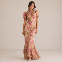 LIORA™ | Floral Puff-Sleeve Maxi Dress.