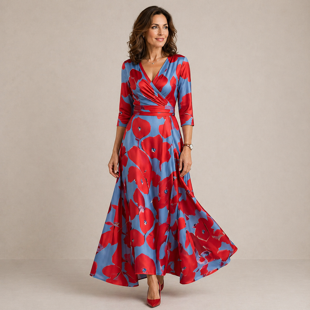 Liora floral wrap maxi dress in blue with red poppies