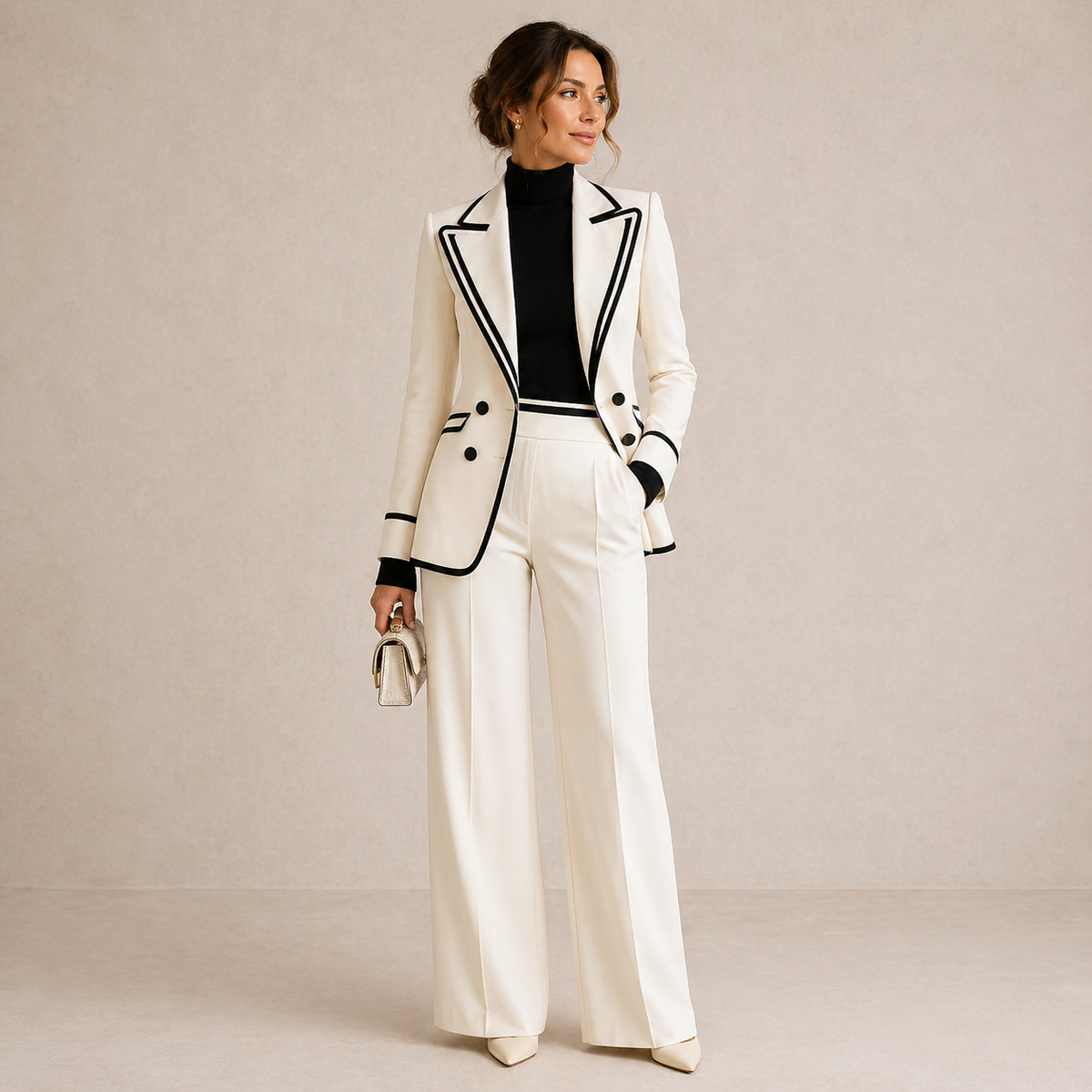 Rosamund trouser suit in ivory with black piping, full-length front view