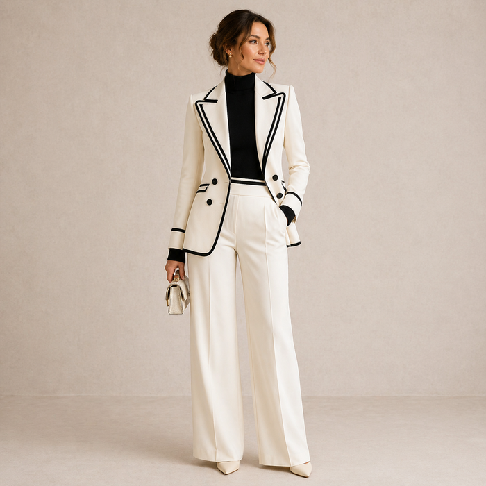 Rosamund trouser suit in ivory with black piping, full-length front view