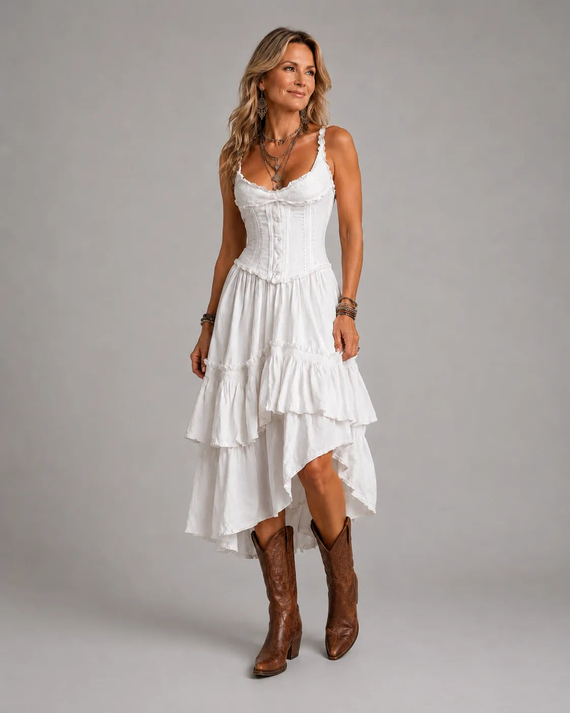 Rosanna lace-trimmed tiered midi dress in white, full-length view styled with boots
