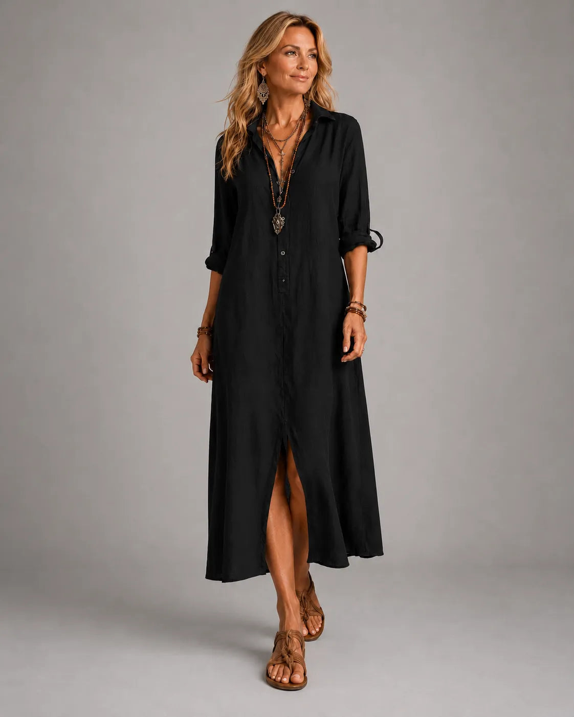 Marian long linen-look shirt dress in black, full-length front view with roll-up sleeves