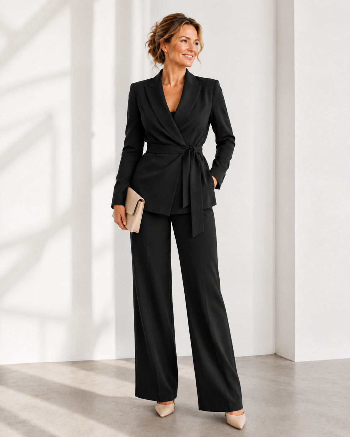 Winifred belted wrap trouser suit in black, full-length front view