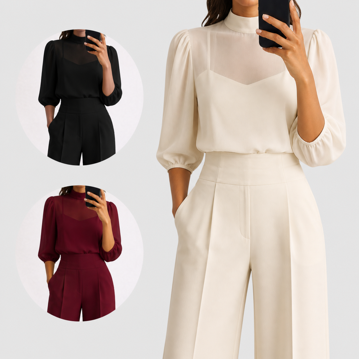 Lenora | Sheer Blouse Three-Piece Trouser Set