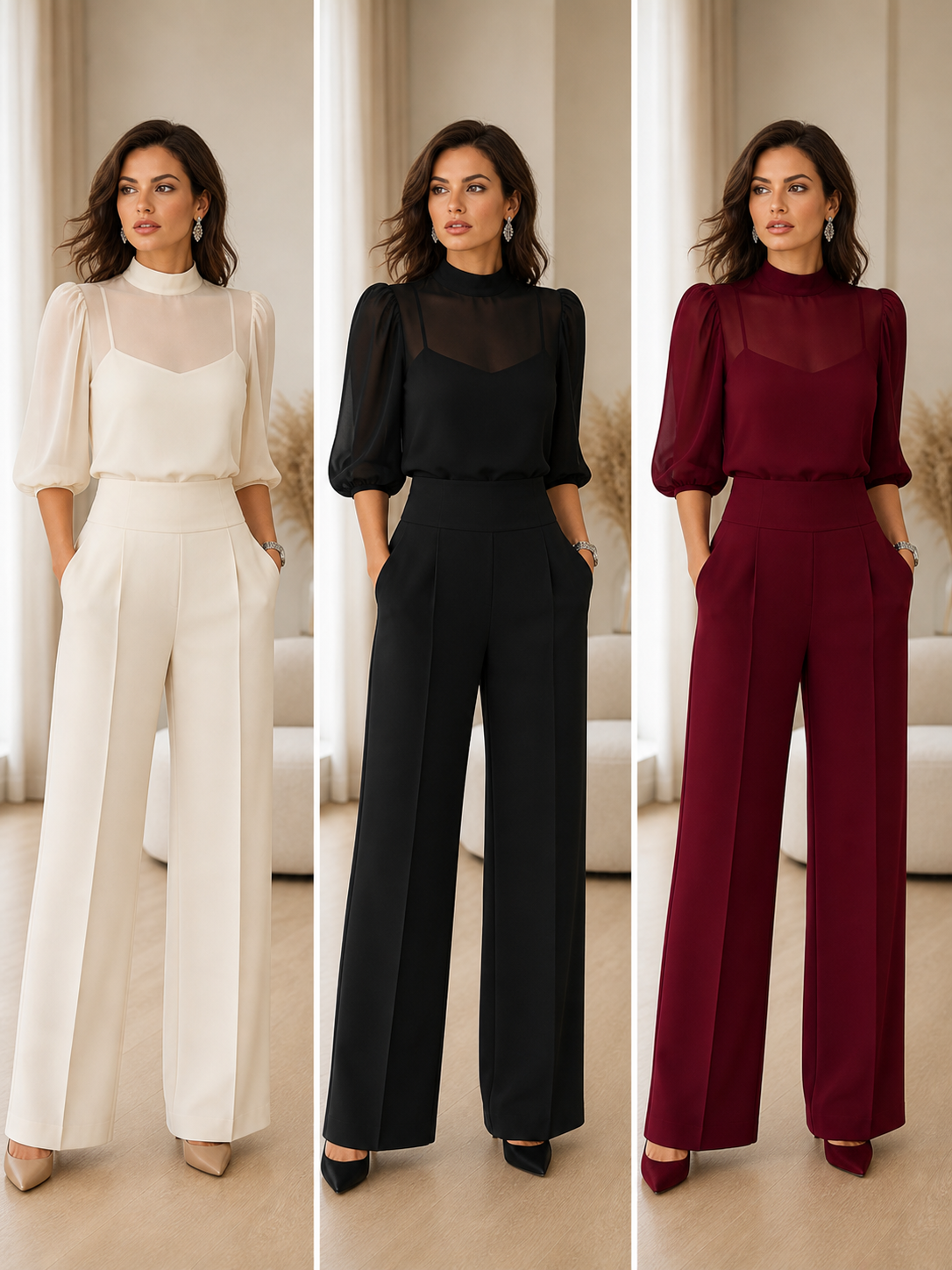 Lenora | Sheer Blouse Three-Piece Trouser Set