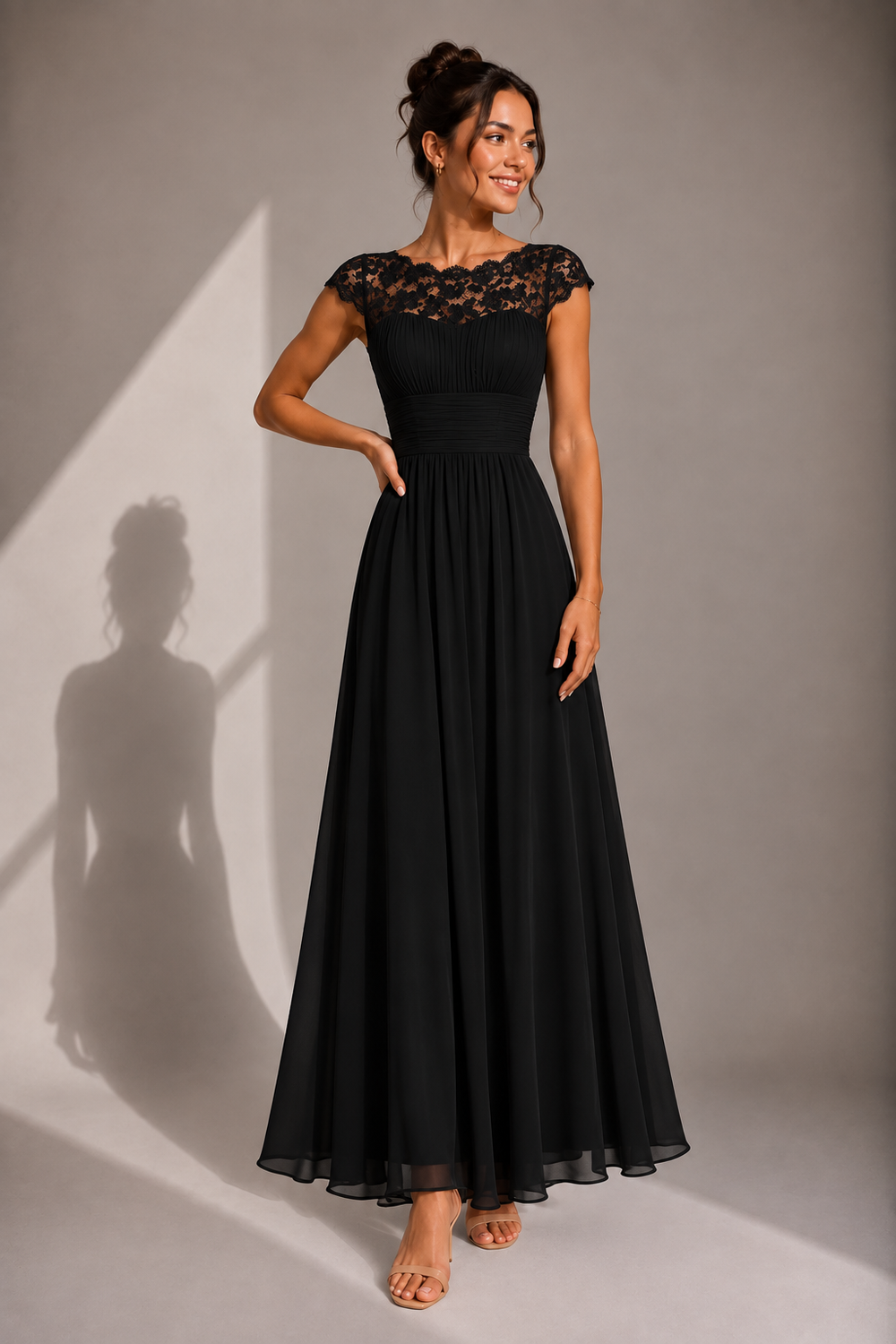 Liora lace bodice maxi dress in black, front view