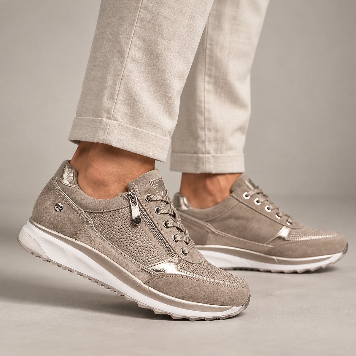 Sukie zip detail comfort trainers in beige with metallic accents