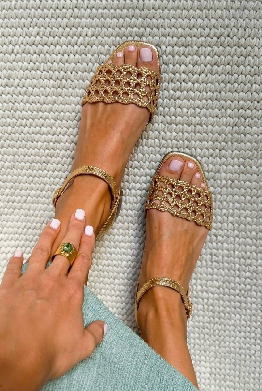 Gold Metallic Woven Chic Flat Sandals with Square Toe