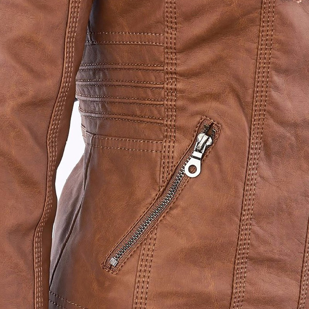 Cynthia hooded biker jacket in tan, close-up of zip waist pocket