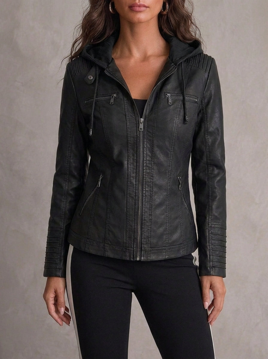 Eilidh faux leather hooded biker jacket in black, front view on model