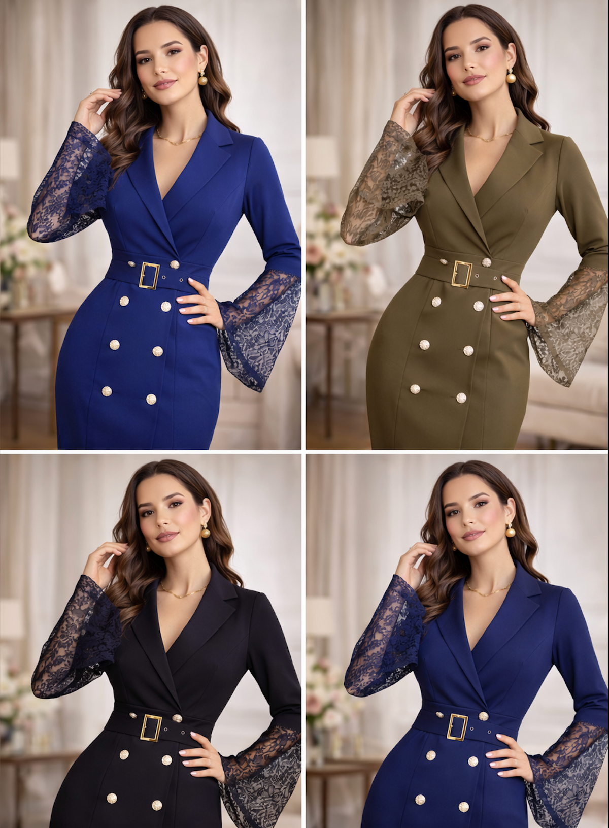LIORA™ | Belted Lace-Sleeve Midi Dress
