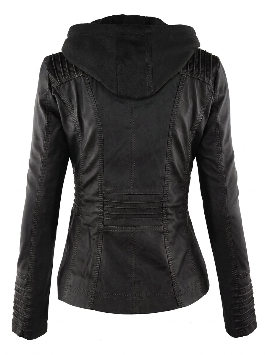 Marsali faux leather hooded biker jacket in black, back view