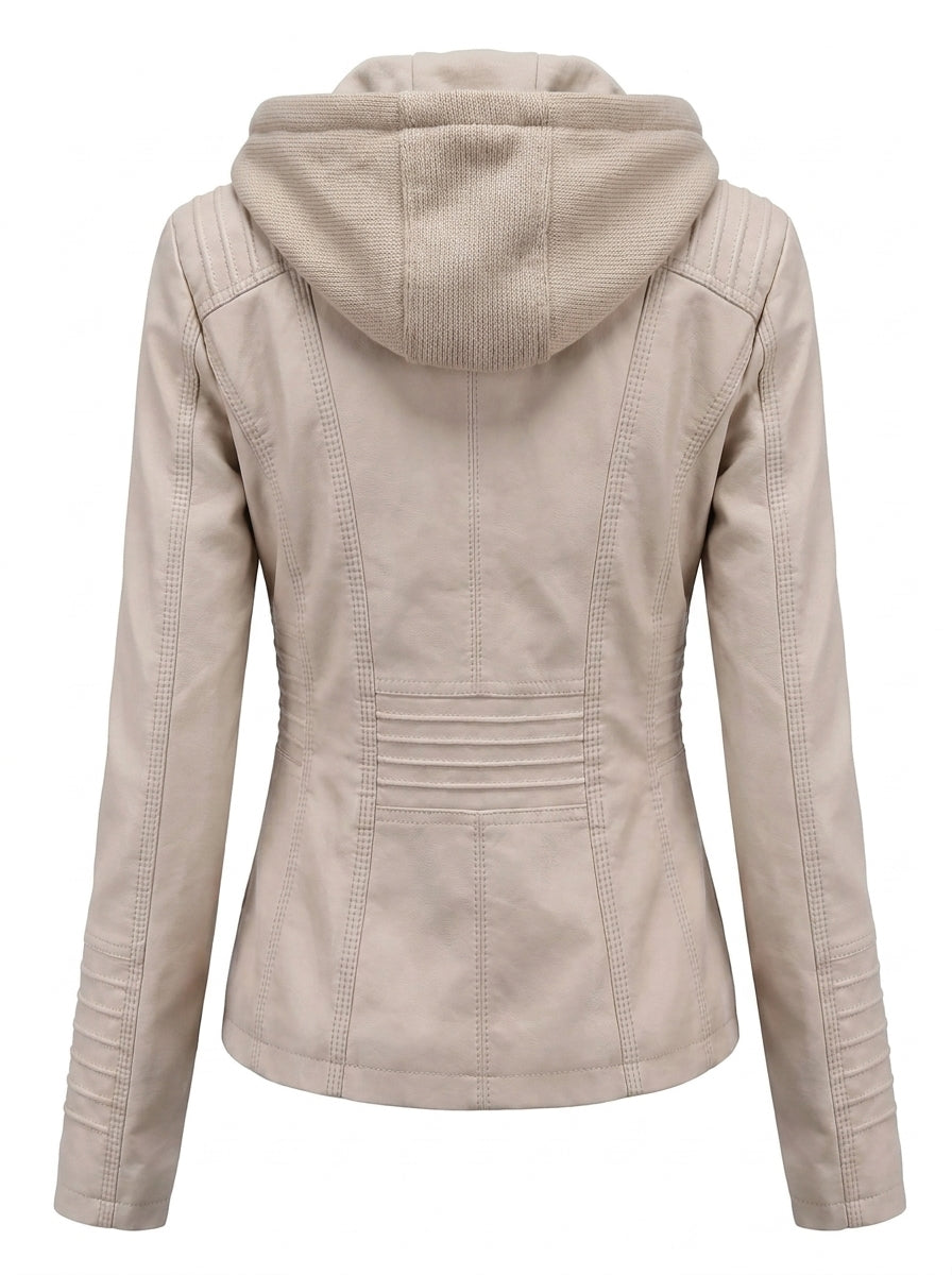 Mhairi faux leather hooded biker jacket in ivory, back view