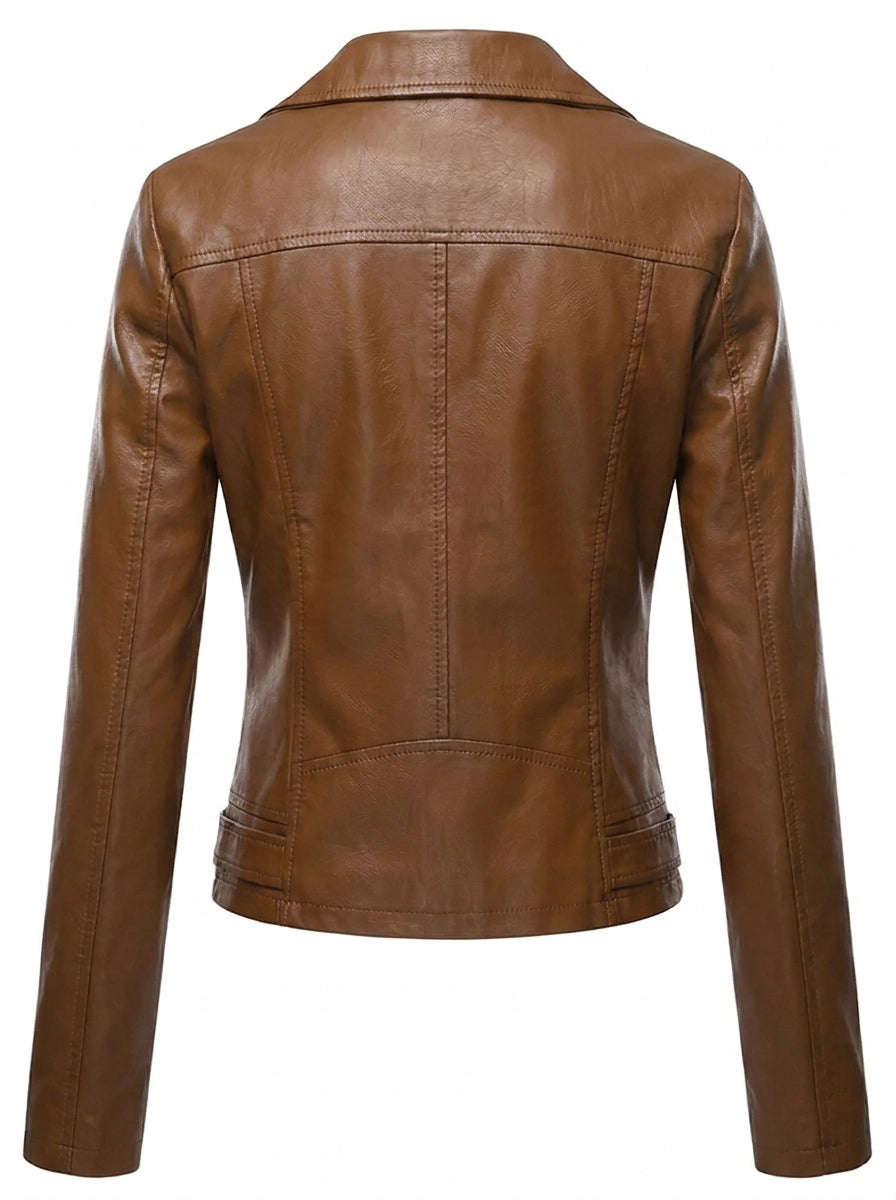 Seonaid faux leather biker jacket in light brown, back view