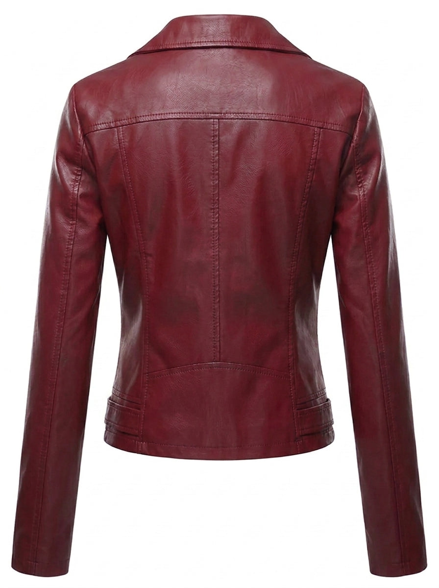 Sheena faux leather biker jacket in burgundy, back view