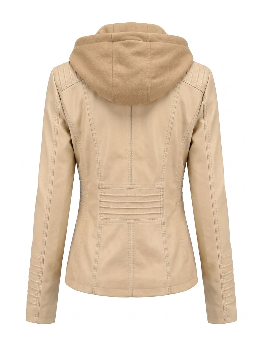 Ishbel faux leather hooded biker jacket in khaki, back view