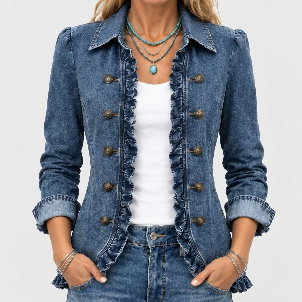 Hedra denim-look ruffle jacket in denim blue, front close-up