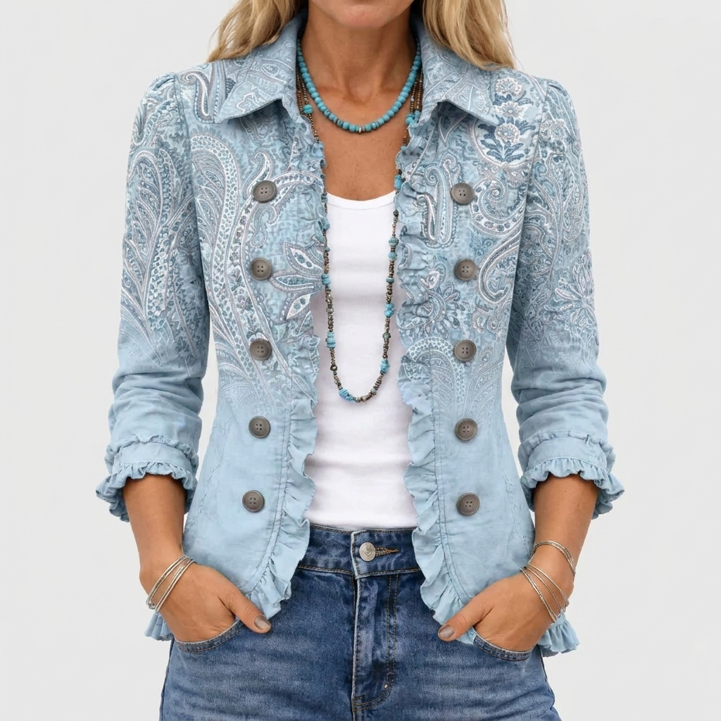 Sybella paisley ruffle-trim jacket in sky blue, front close-up