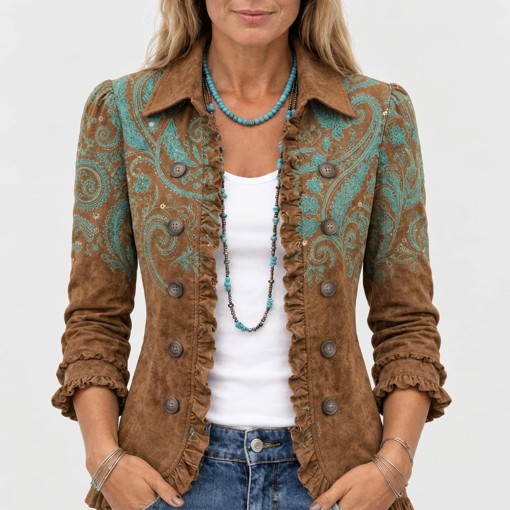 Dulcibella ombre paisley ruffle-trim jacket in brown and turquoise, front close-up