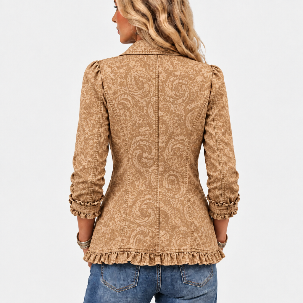 Bersaba paisley print ruffle jacket in camel, back view