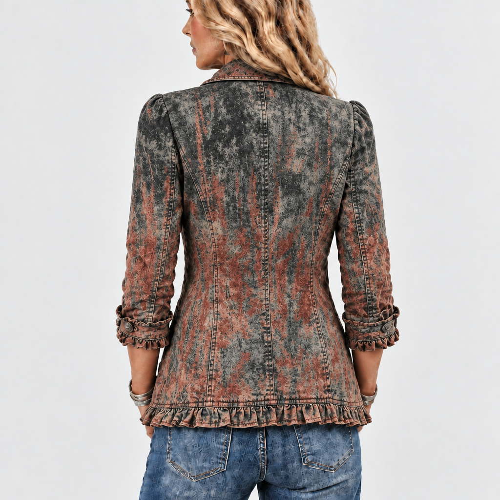 Rohesia ombre ruffle-trim jacket in charcoal rust, back view