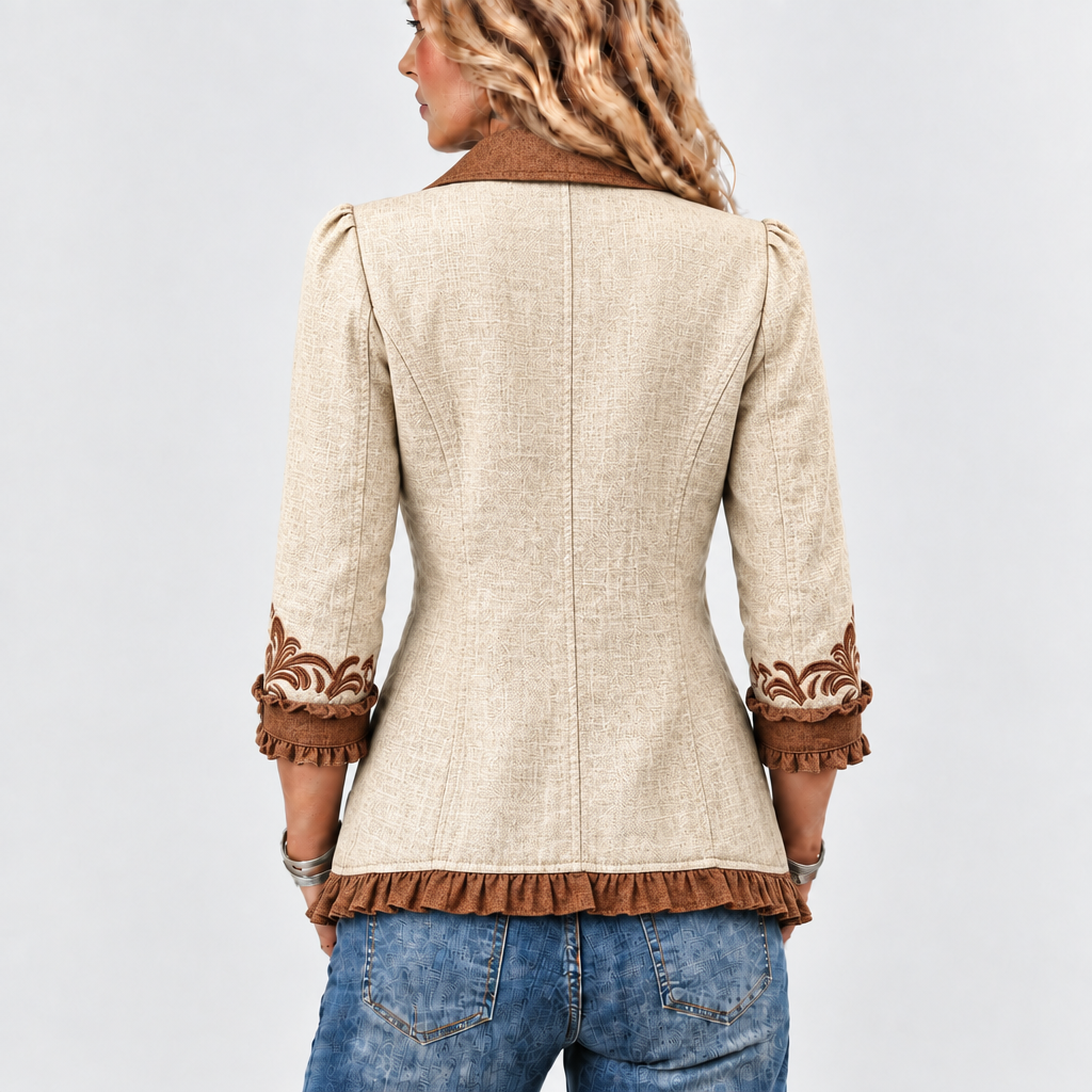 Amicia scroll-trim ruffle jacket in cream and brown, back view