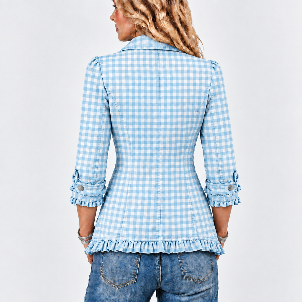Quenby gingham ruffle-trim jacket in light blue, back view