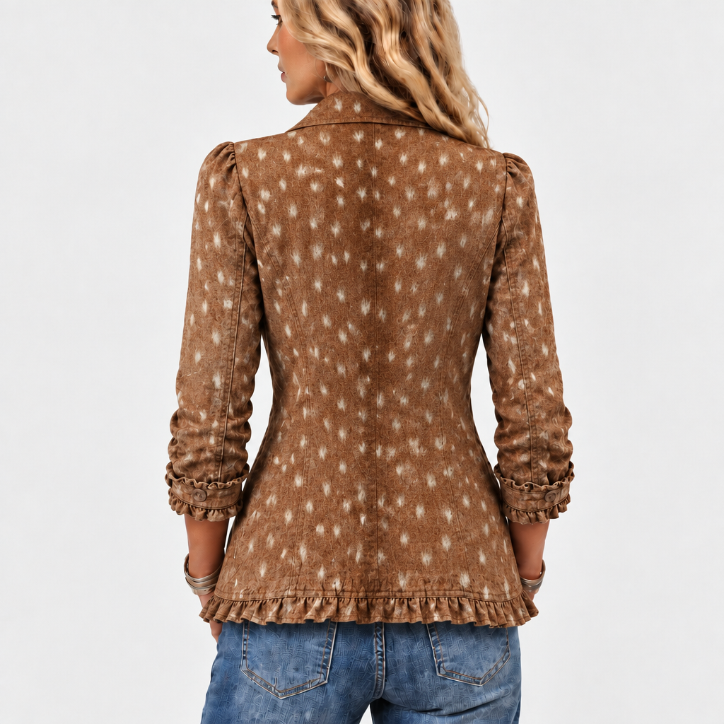 Derwa fawn print ruffle jacket in brown, back view