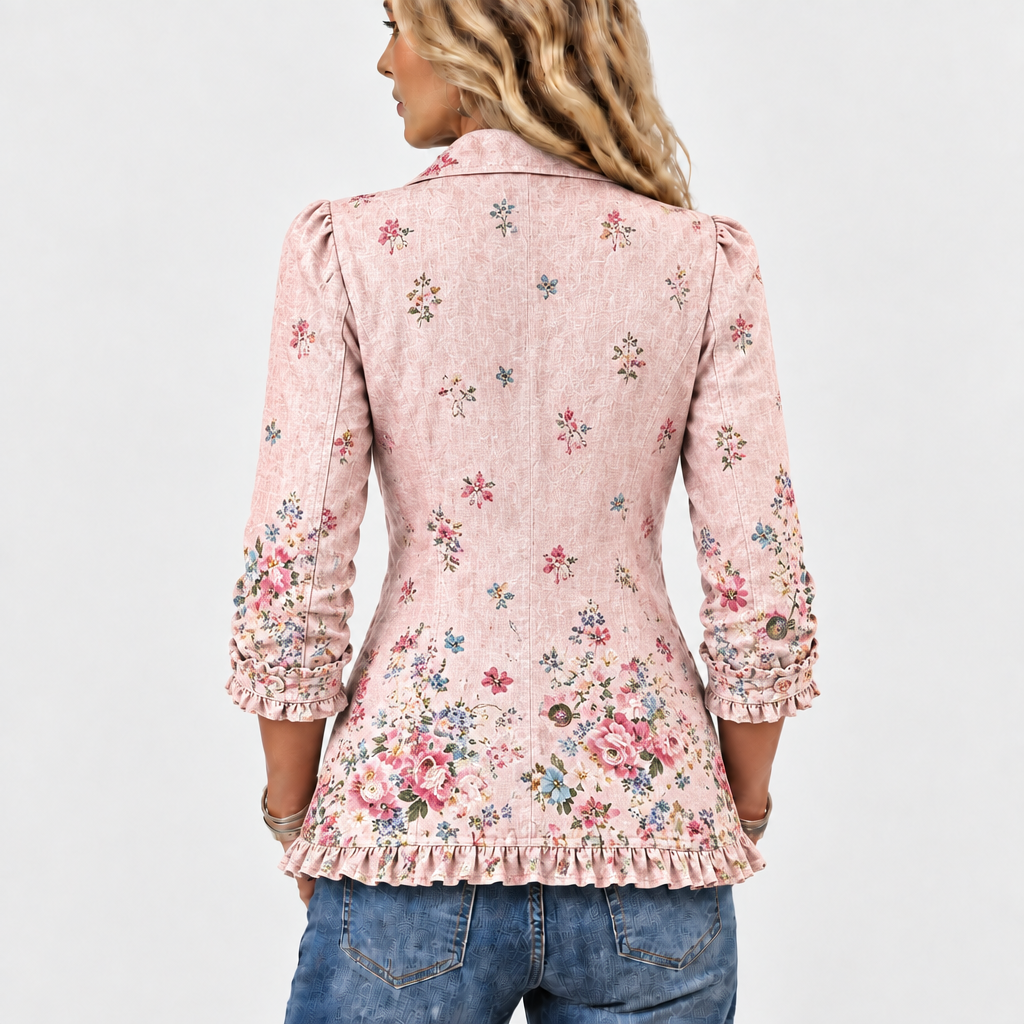 Peronel floral ruffle-trim jacket in pink, back view