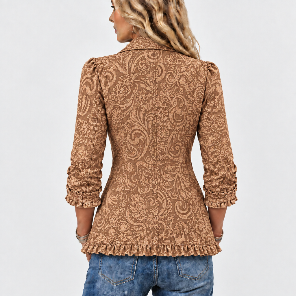 Melloney tonal floral ruffle-trim jacket in brown, back view